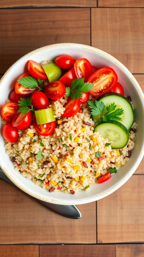 A healthy quinoa bowl with cherry tomatoes, cucumber, bell pepper, and parsley on a wooden table.